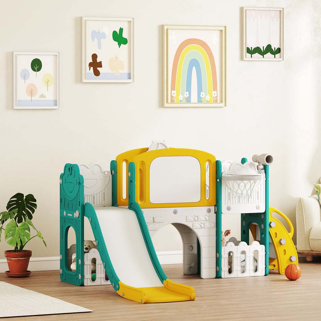 Toboggan pour enfant 7 en 1 avec panier de basket, télescope, rangement, tunnel, escalade, tableau de dessin, jaune