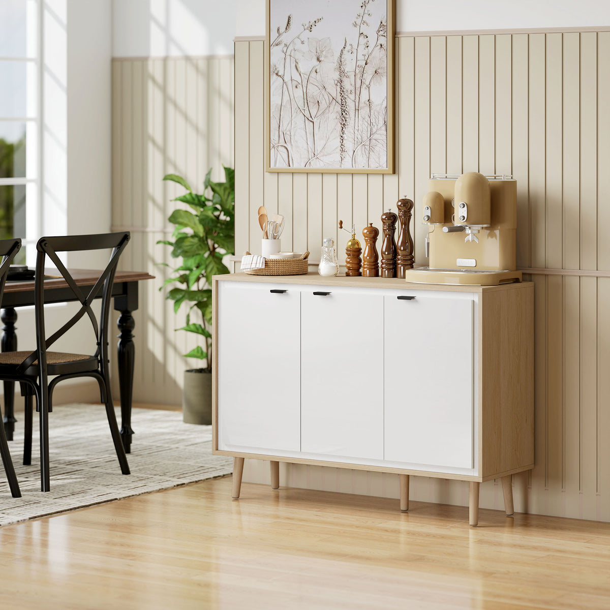 Buffet à haute brillance, meuble de rangement avec 3 portes, étagères réglables, 107 x 35 x 77 cm, blanc et chêne-8