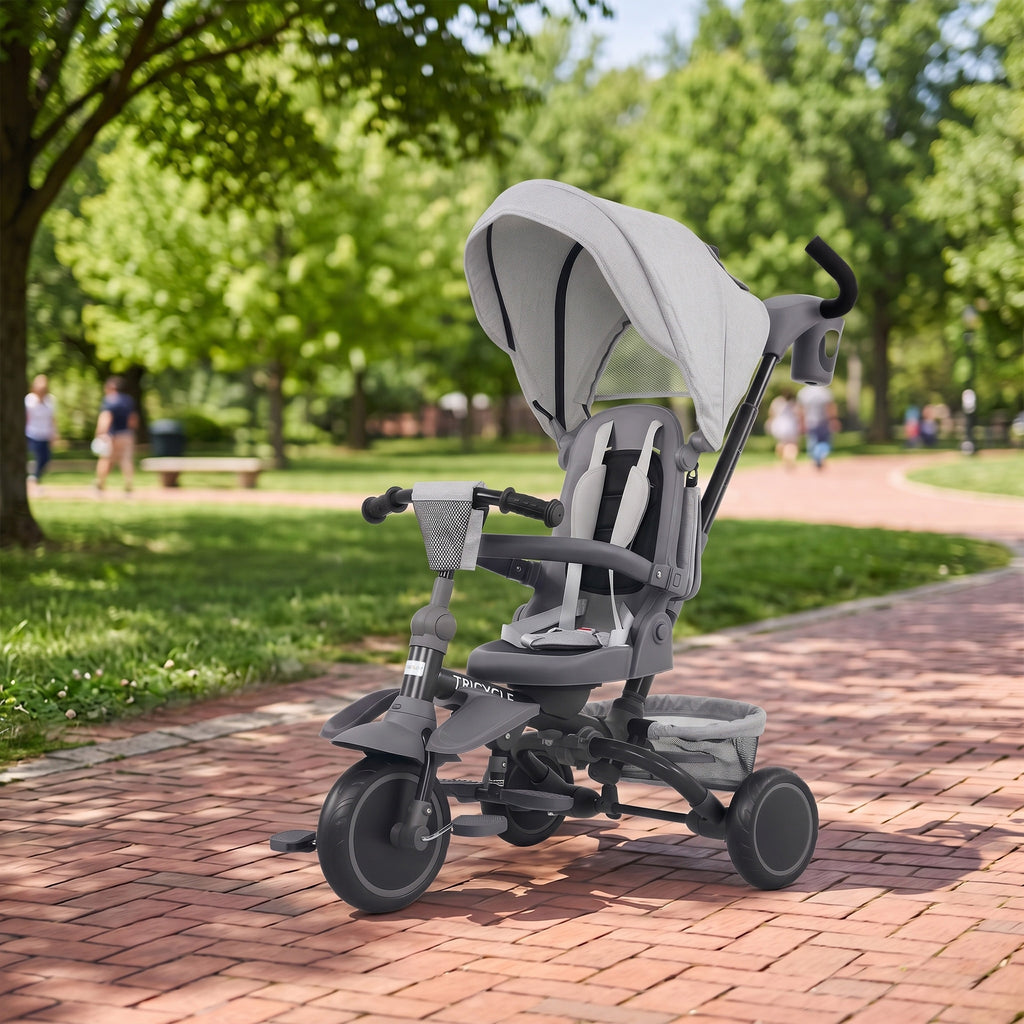 Tricycle bébé évolutif 6 en 1, tricycle enfant pliable avec poignée parentale réglable, siège pivotant 360°, gris