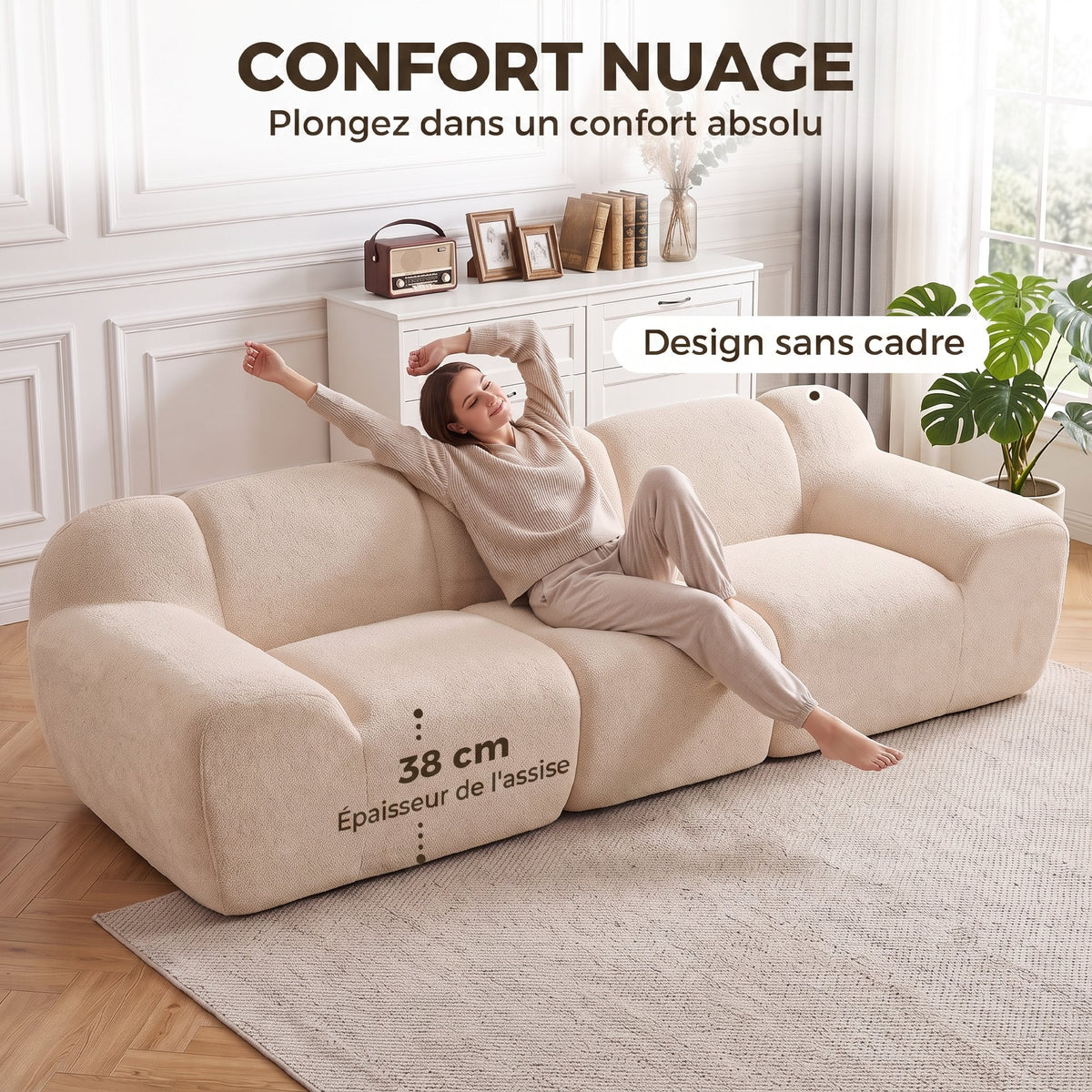 Canapé 3 Places 233 cm, Canapé Salon en Chenille Moderne avec Assise Profonde, Accoudoirs Larges, Beige-5
