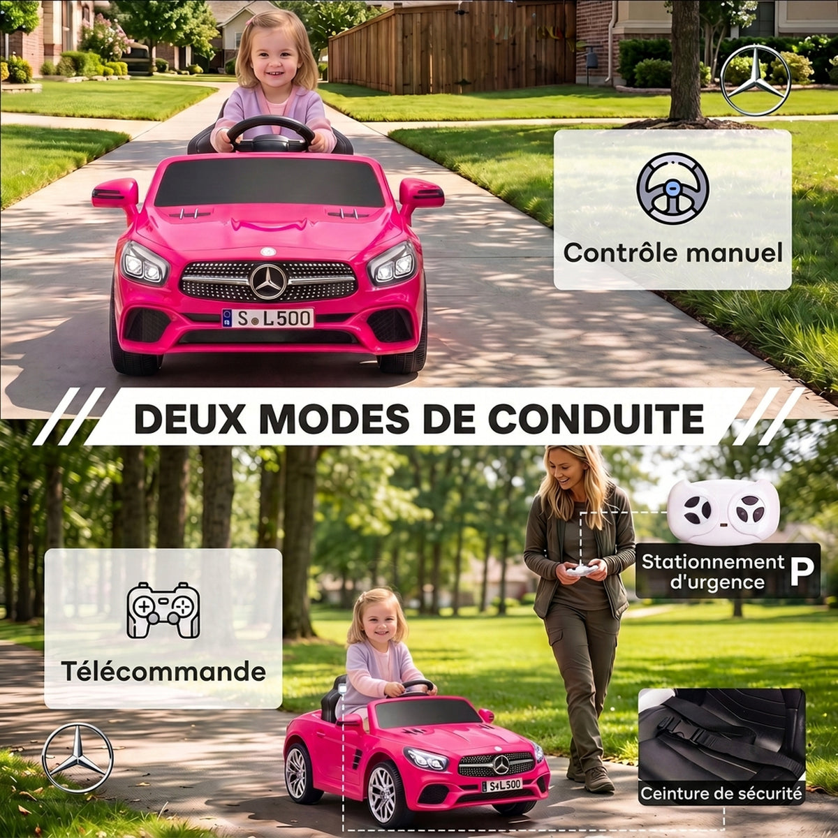 Voiture Électrique Enfants 12V Mercedes-Benz SL500, 3-5 km/h, 2 Moteurs, Télécommande 2,4G, pour 3-5 Ans, Rose