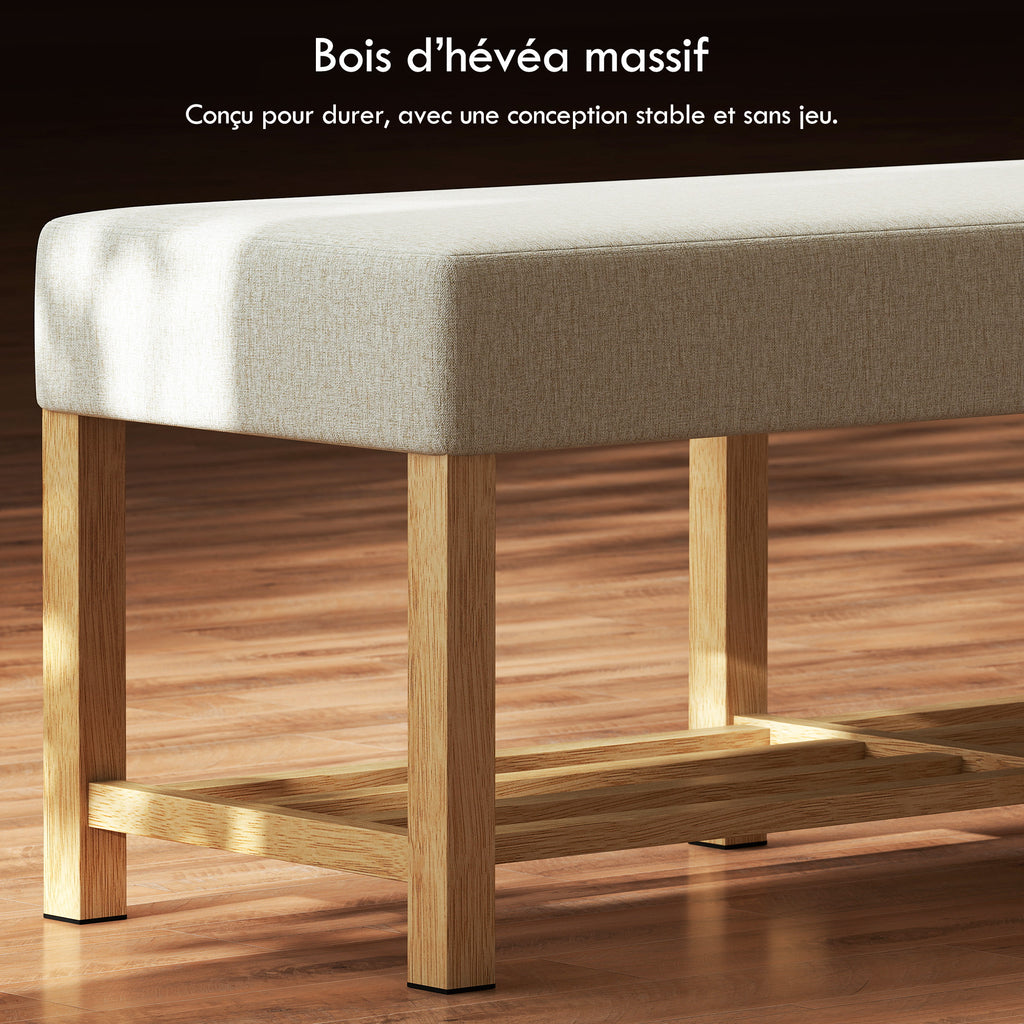 Banc à chaussures, banc de rangement avec siège rembourré, étagère ouverte, bois d'hévéa, 120x44x48cm, bois naturel-5