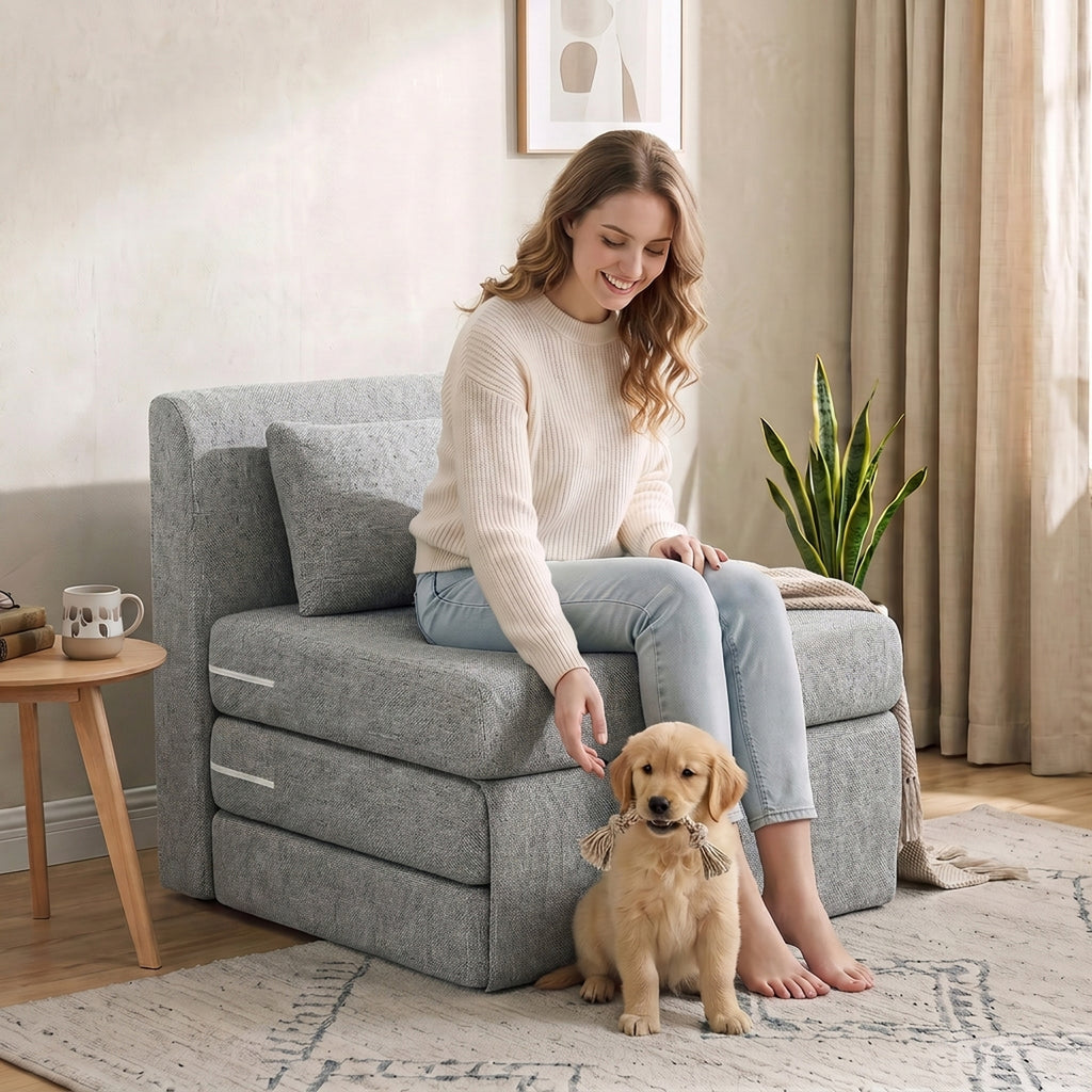 Fauteuil chauffeuse pliant 3 en 1 avec coussin, convertible, matelas dépliant pour invités, salon, bureau, gris-6