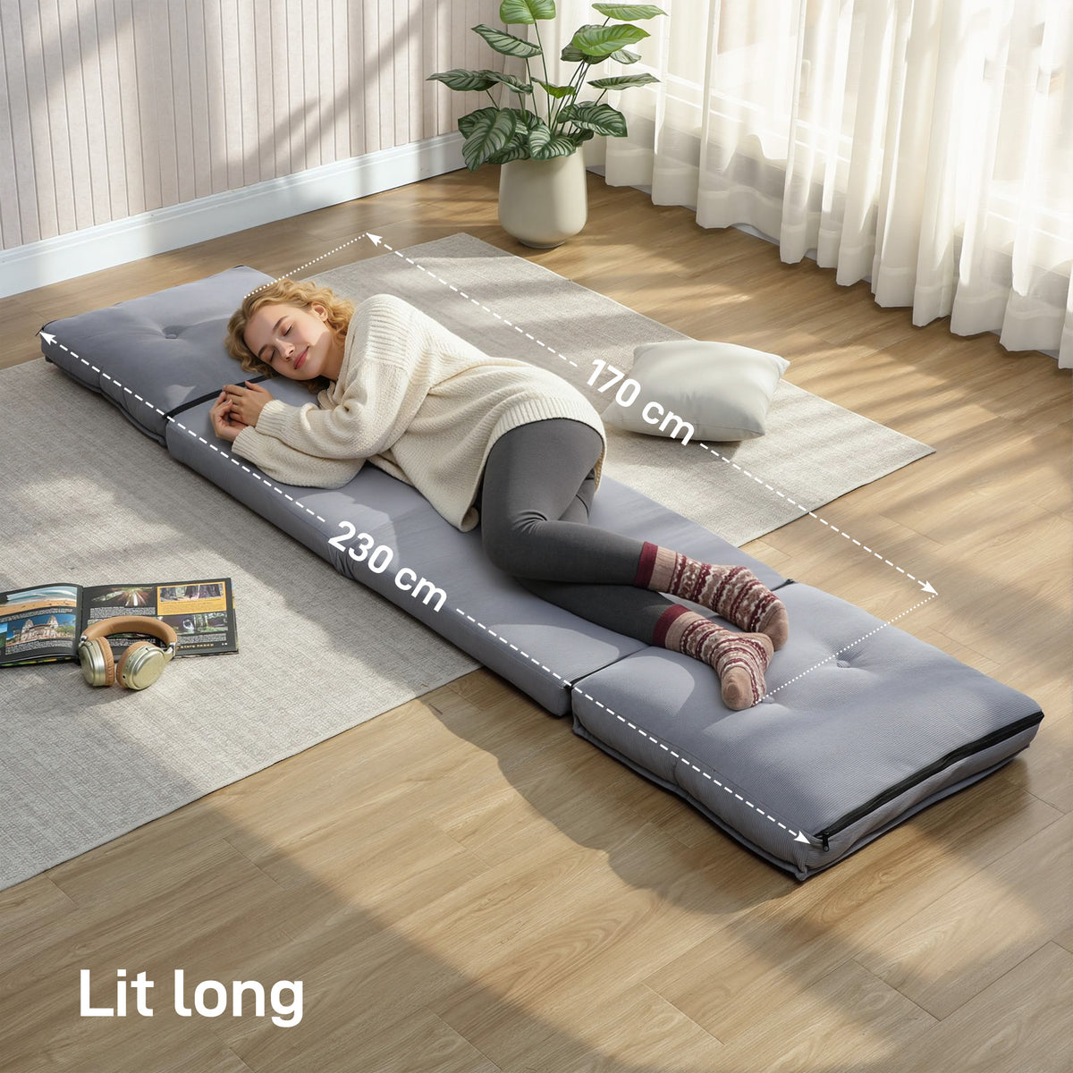 Fauteuil de sol pliable en velours côtelé, matelas de sol avec dossier réglable en 5 positions, 59 x 230 x 15 cm, gris-5