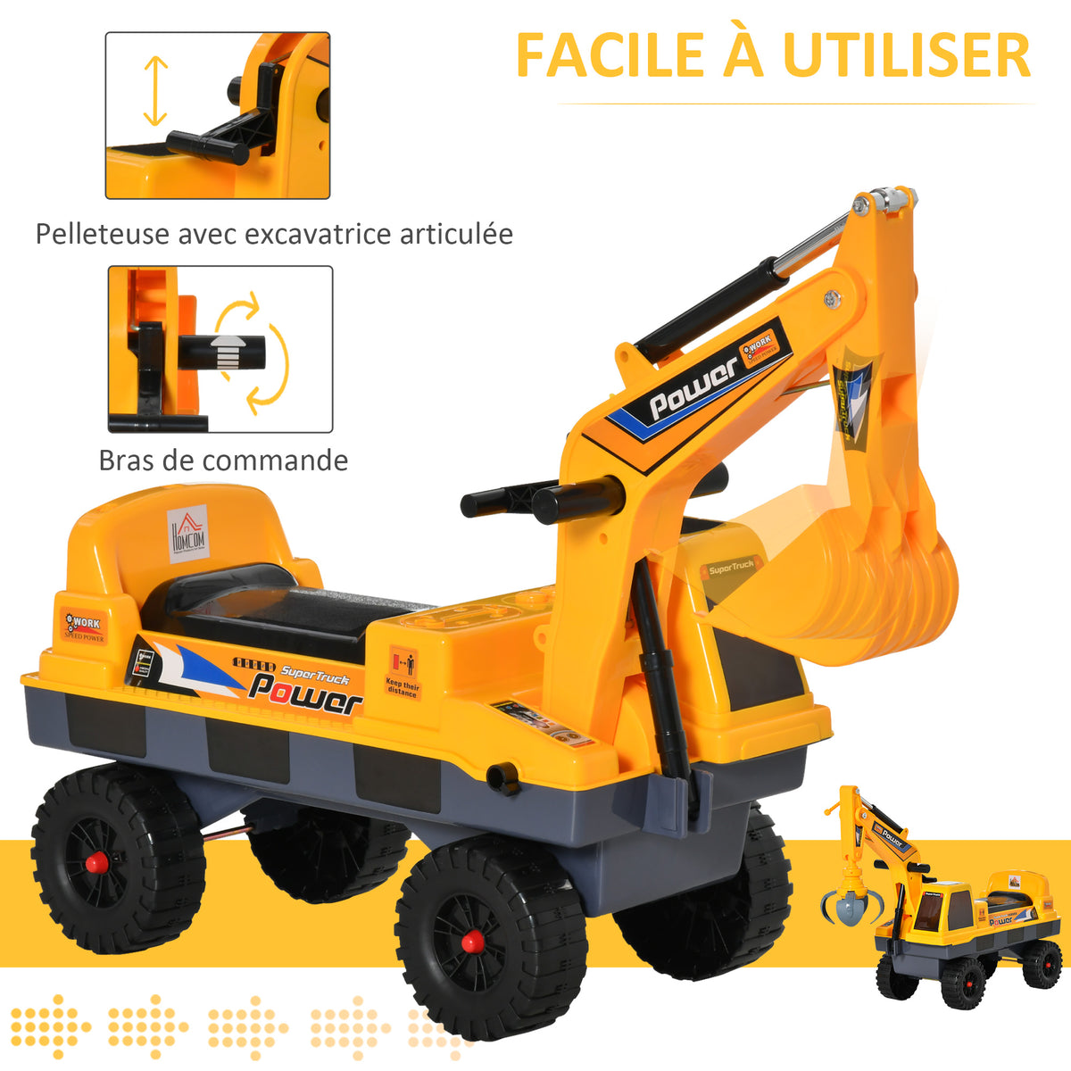 Porteur Enfant tractopelle 2-3 Ans Pelleteuse articulée avec Pince Incluse Effets sonores Lumineux PP Jaune