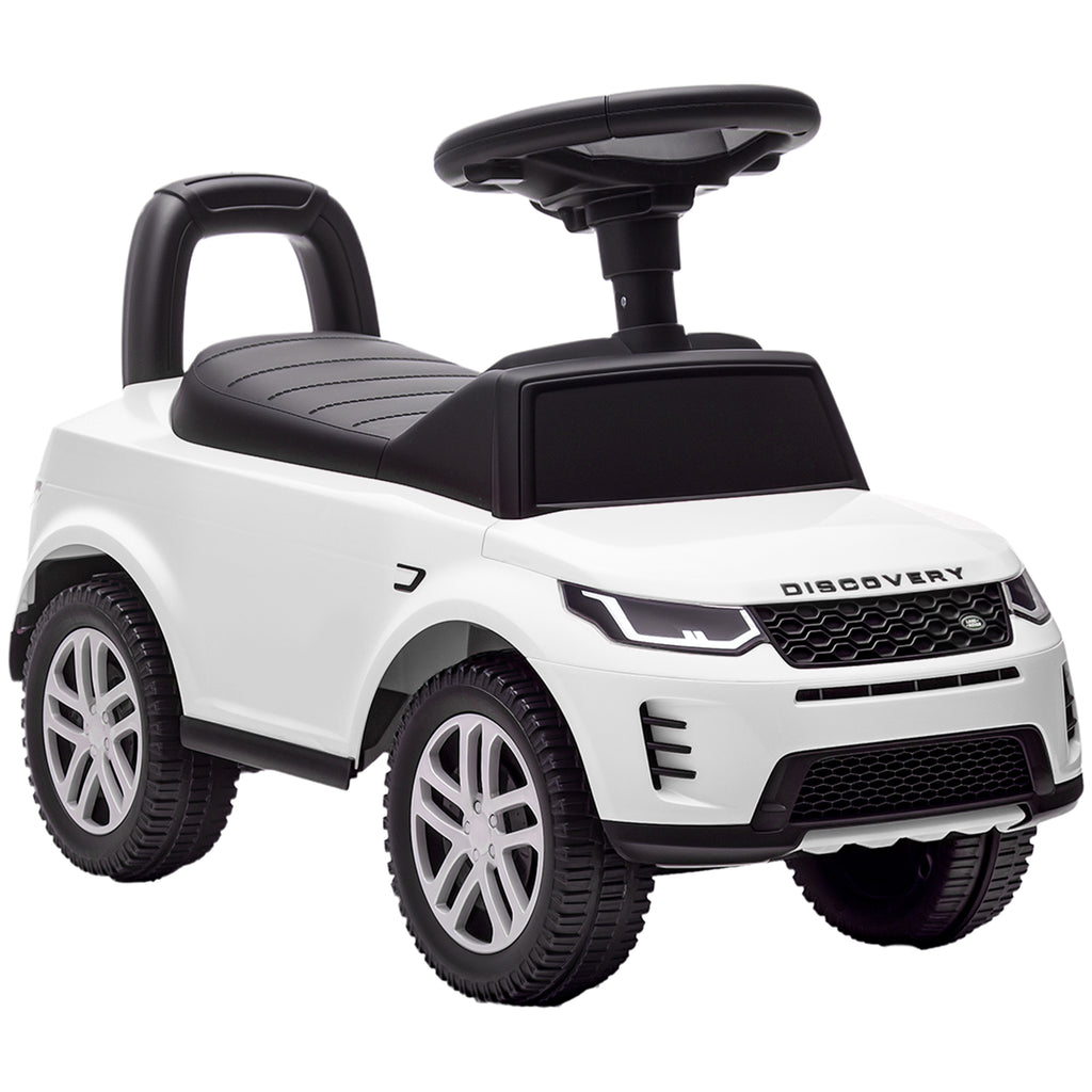 Porteur enfants voiture sous licence Land Rover, véhicule à pousser, klaxon, sons de moteur, rangement sous siège, blanc