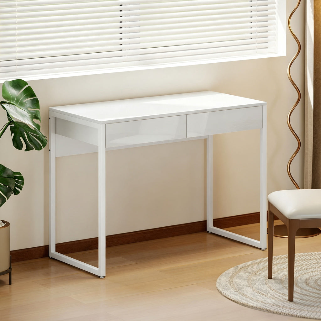 Bureau avec 2 tiroirs, table d'ordinateur 100 x 50 cm, bureau moderne pied en acier, pour petits espaces, blanc brillant-1