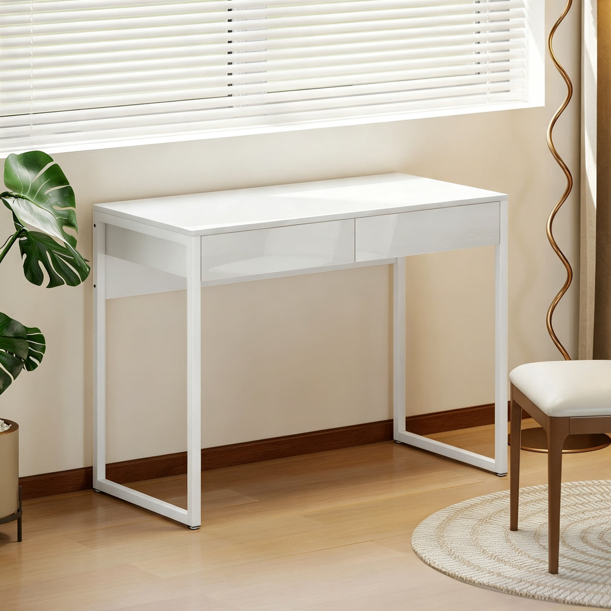 Bureau avec 2 tiroirs, table d'ordinateur 100 x 50 cm, bureau moderne pied en acier, pour petits espaces, blanc brillant-1
