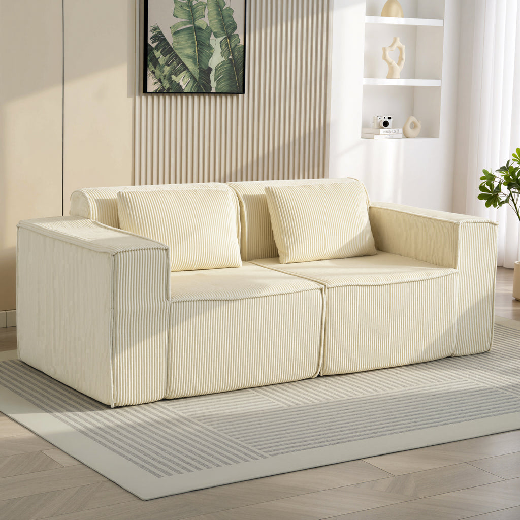 Canapé 3 places en velours côtelé, canapé rembourré, larges accoudoirs, 2 coussins, pas de montage, 202x90x76cm, beige