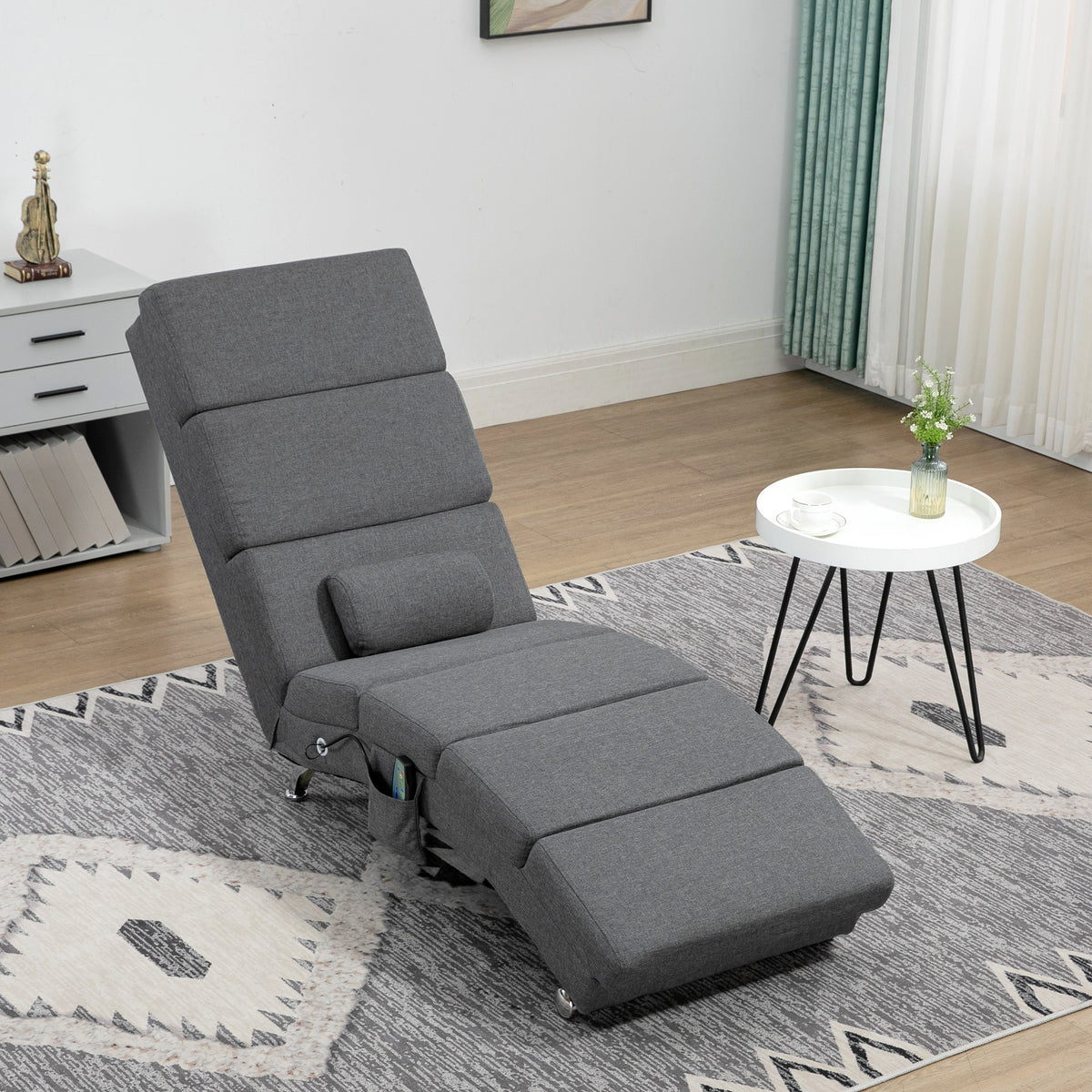 Fauteuil relax salon fauteuil de massage et chauffage meridienne avec télécommande et oreiller, tissu effet lin, gris