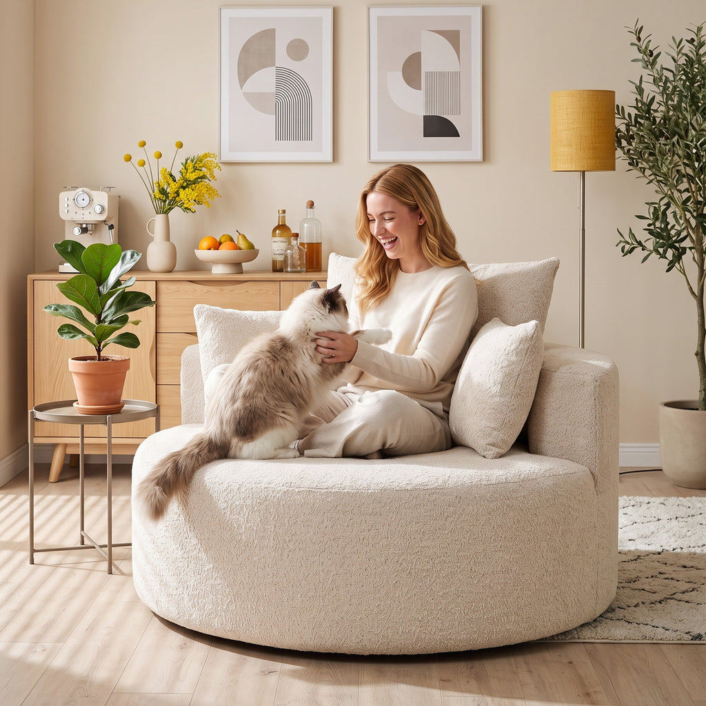 Pouf Canapé Rond en Chenille, Grande Assise, 2 Coussins, 1 Dossier, 1 Traversin, Charge 250kg, 130x130x82cm, Crème
