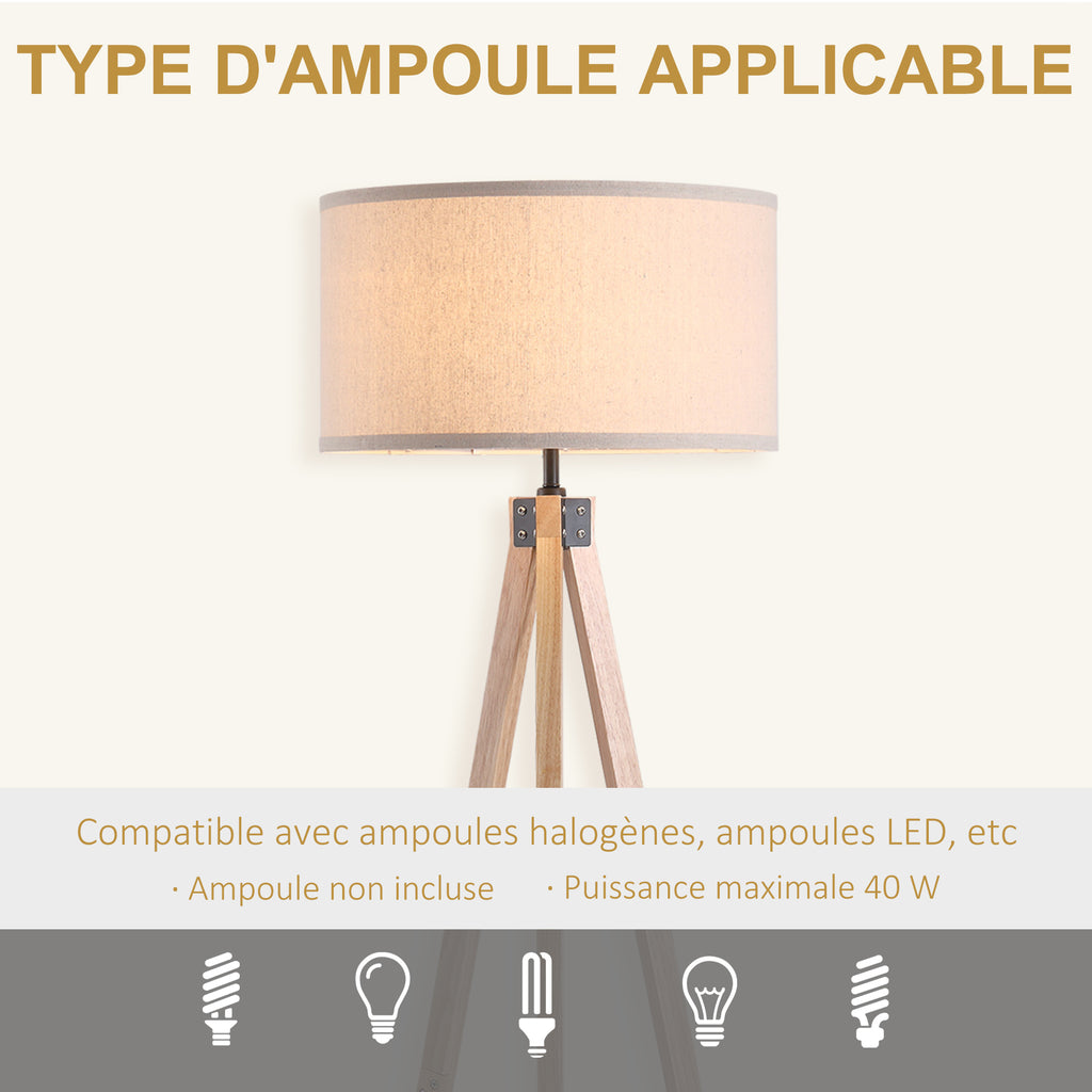 Lampadaire trépied style scandinave 40 W max. dim. 45L x 45l x 152H cm bois de pin lin beige-6