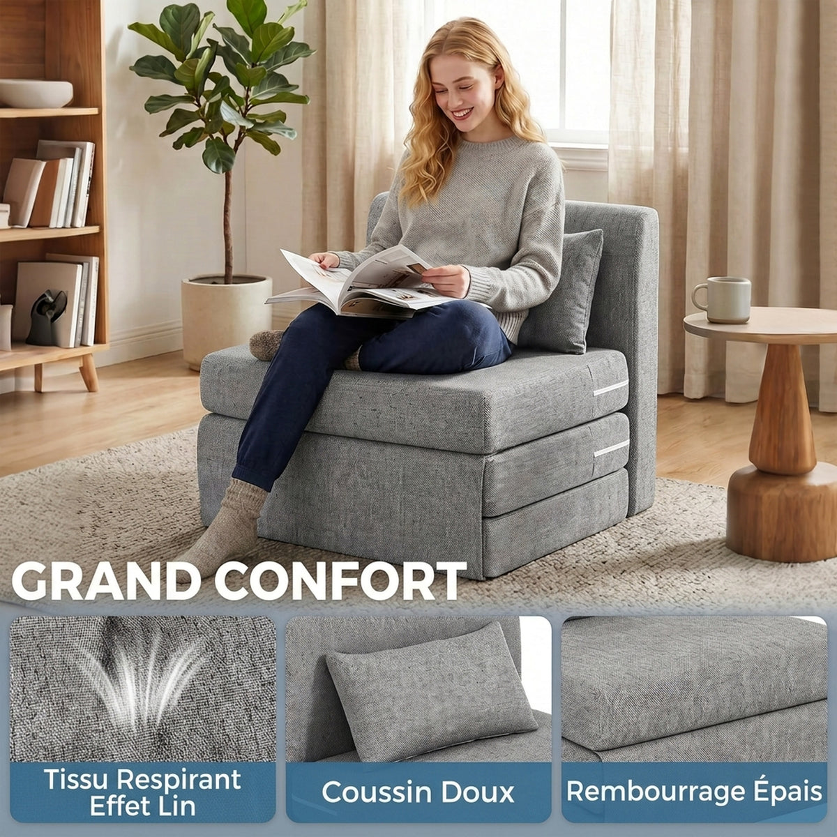 Fauteuil chauffeuse pliant 3 en 1 avec coussin, convertible, matelas dépliant pour invités, salon, bureau, gris-4