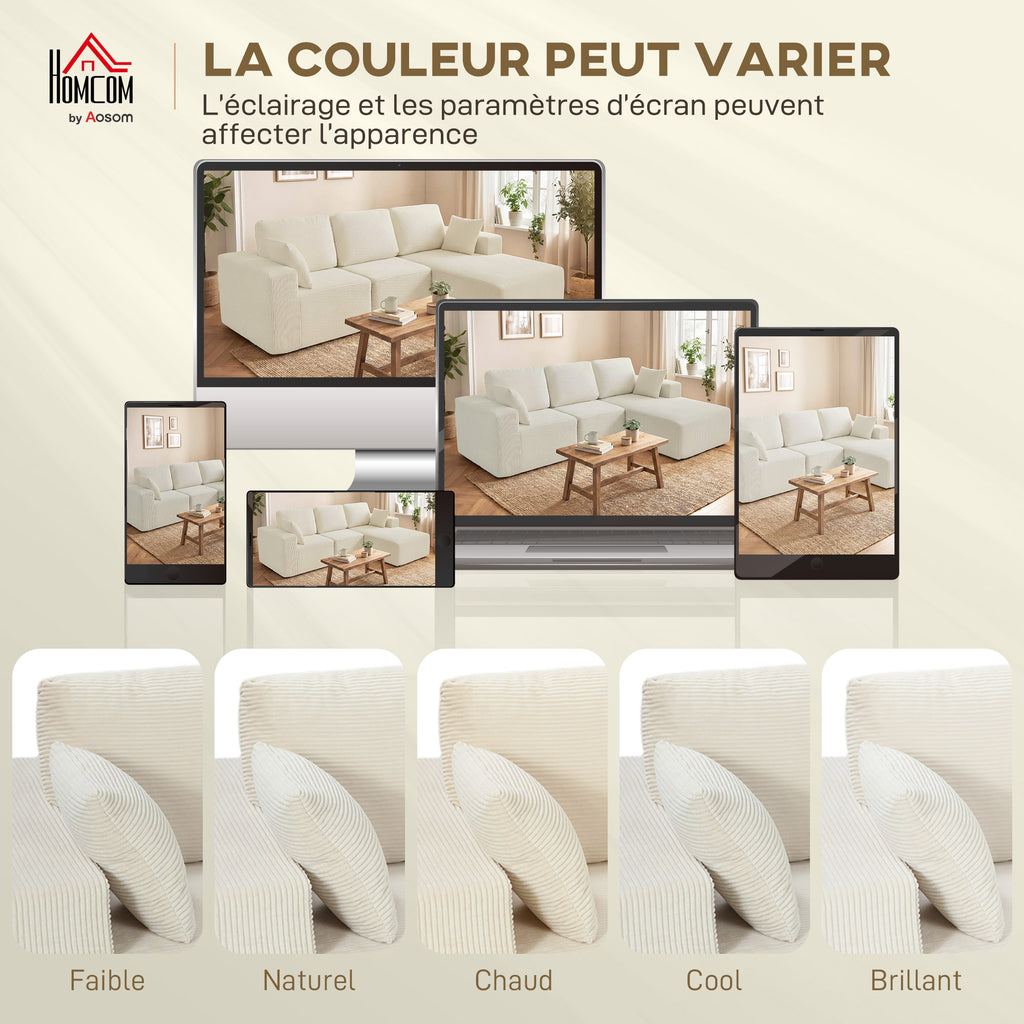Canapé d'angle modulable 2 en 1, 267cm, canapé-lit 3 places en velours côtelé, larges assise et accoudoirs, crème-7