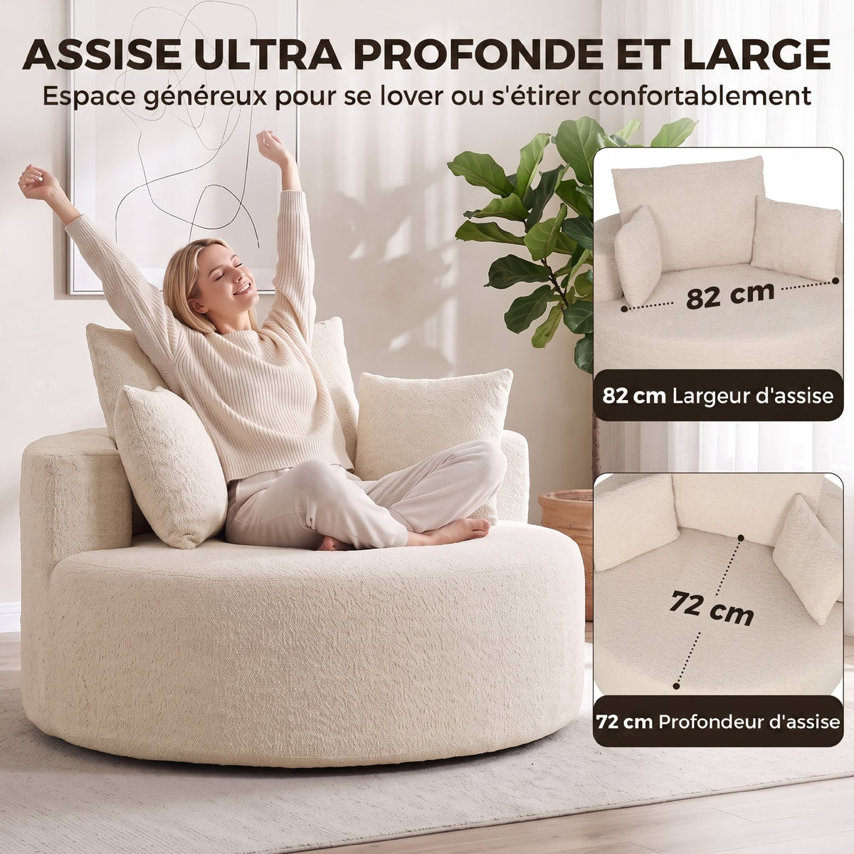 Pouf Canapé Rond en Chenille, Grande Assise, 2 Coussins, 1 Dossier, 1 Traversin, Charge 250kg, 130x130x82cm, Crème
