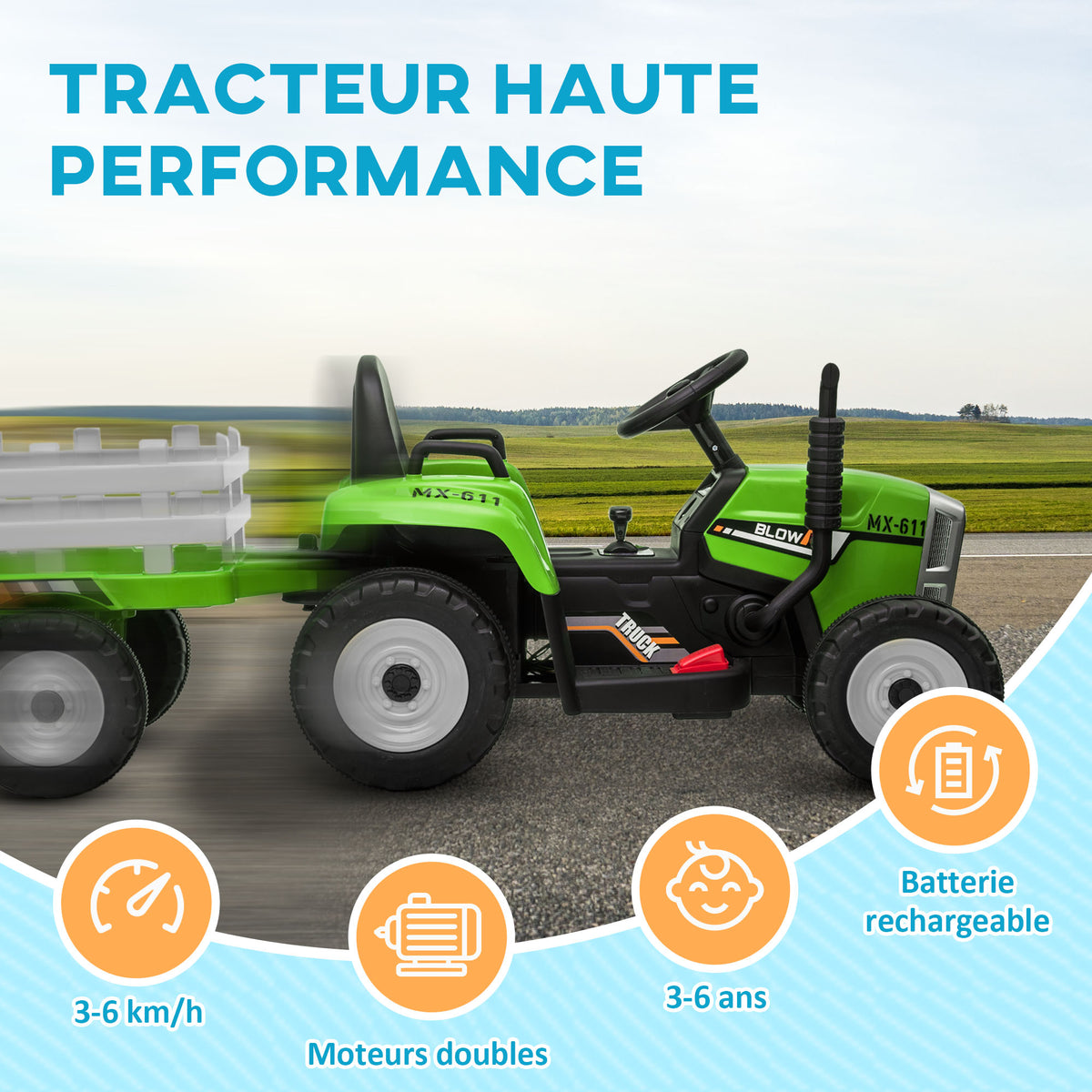 Tracteur électrique avec remorque amovible, pour enfants de 3 à 6 ans avec télécommande MP3 musique affichage lumières