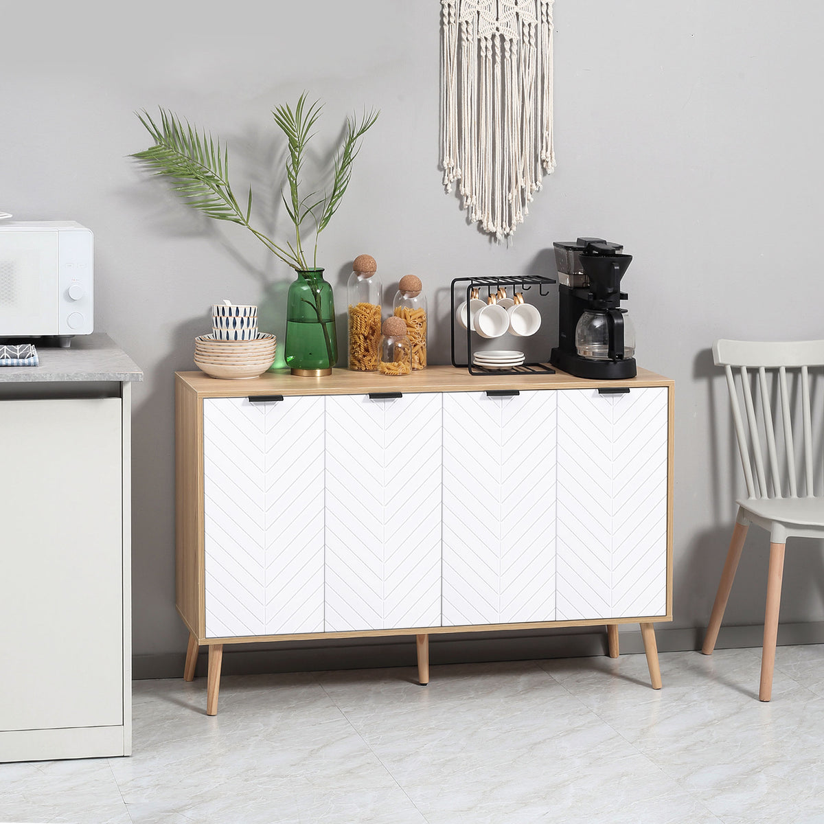 Buffet bas meuble de rangement 2 placards 4 portes motif chevrons étagères réglables 120 x 35 x 77,4 cm blanc-8