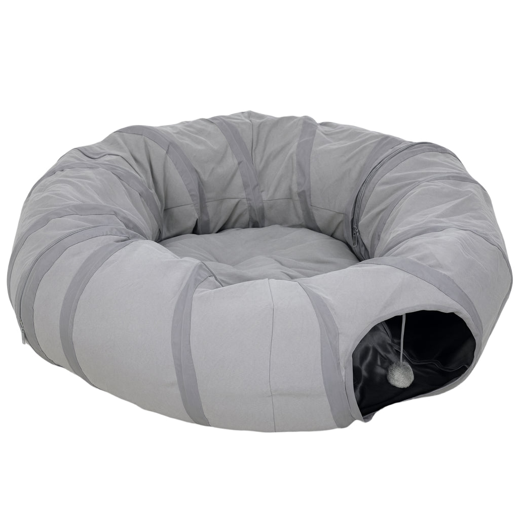Tunnel pour chat intérieur rond tunnel avec lit et coussin, pliable, avec trous pour balles et judas, Ø 90 x 27 cm gris