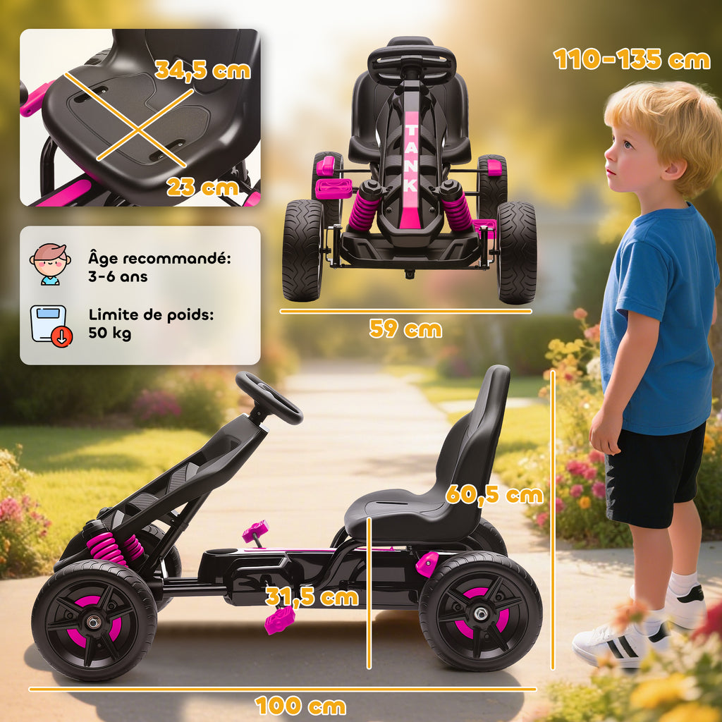 Kart à pédales pour enfants, karting enfant 3 à 6 ans avec roue libre, frein, roues EVA antidérapantes, rose