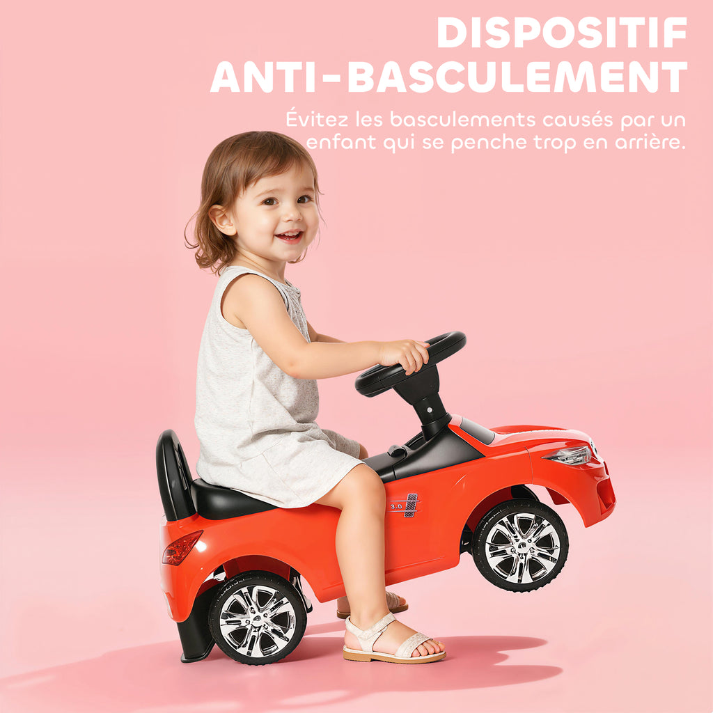 Porteur enfants voiture, véhicule à pousser avec coffre à jouets, klaxon, phares et musique, 63,5 x 28 x 36 cm, rouge