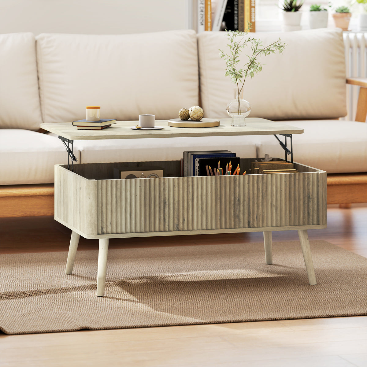 Table basse relevable, table de salon avec 2 compartiments cachés et pieds en pin, 91 x 56 x 43 cm, chêne-1