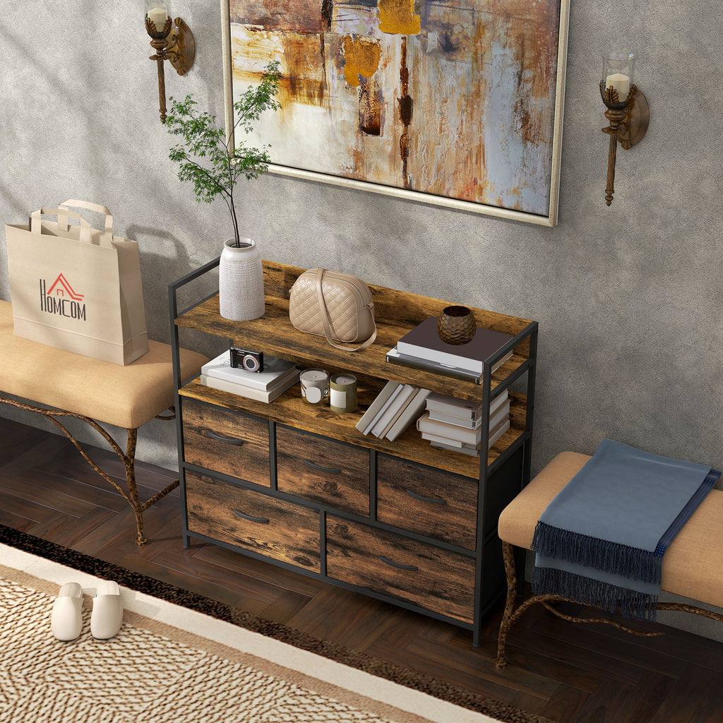 Commode, meuble de rangement, 5 tiroirs en tissu pliables et amovibles et étagères, 98 x 29 x 85 cm, brun rustique-9
