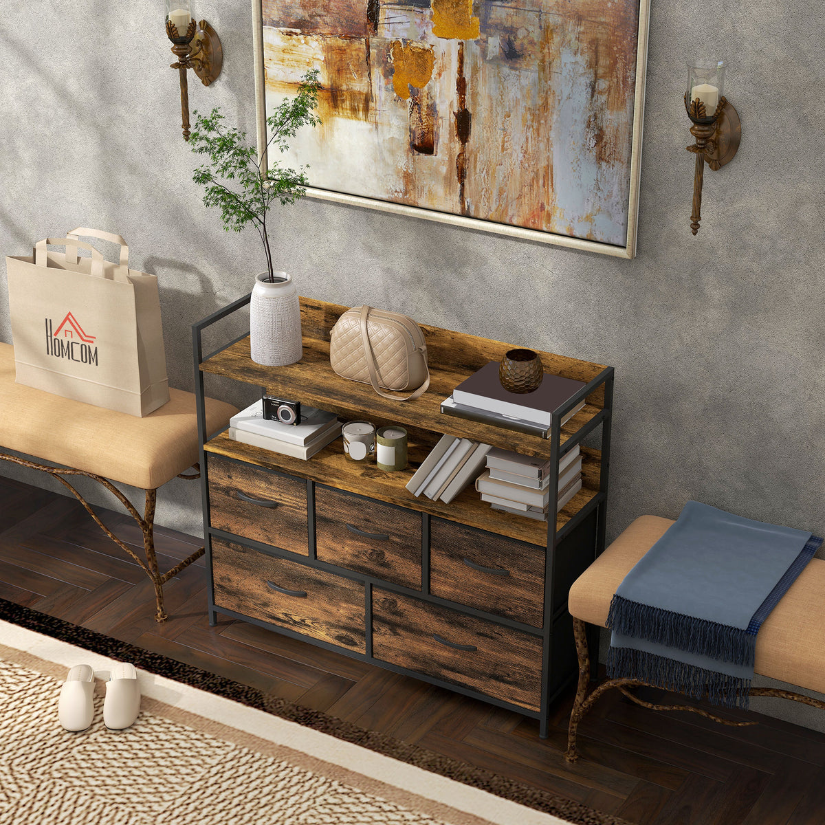 Commode, meuble de rangement, 5 tiroirs en tissu pliables et amovibles et étagères, 98 x 29 x 85 cm, brun rustique-9