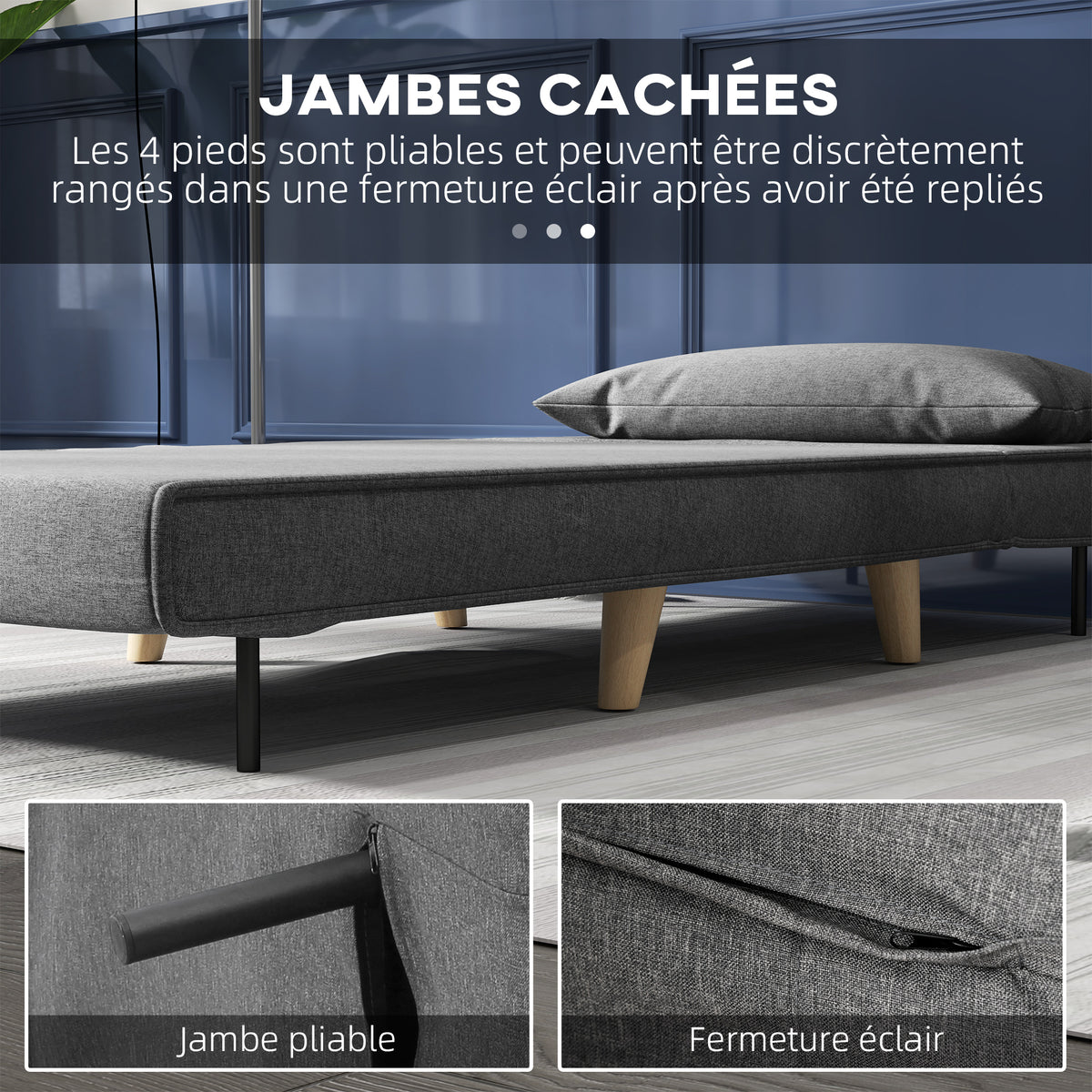 Fauteuil convertible 1 place, fauteuil-lit chauffeuse 3 en 1, dossier réglable, oreiller, tissu en lin, 94x78x80cm, gris-5