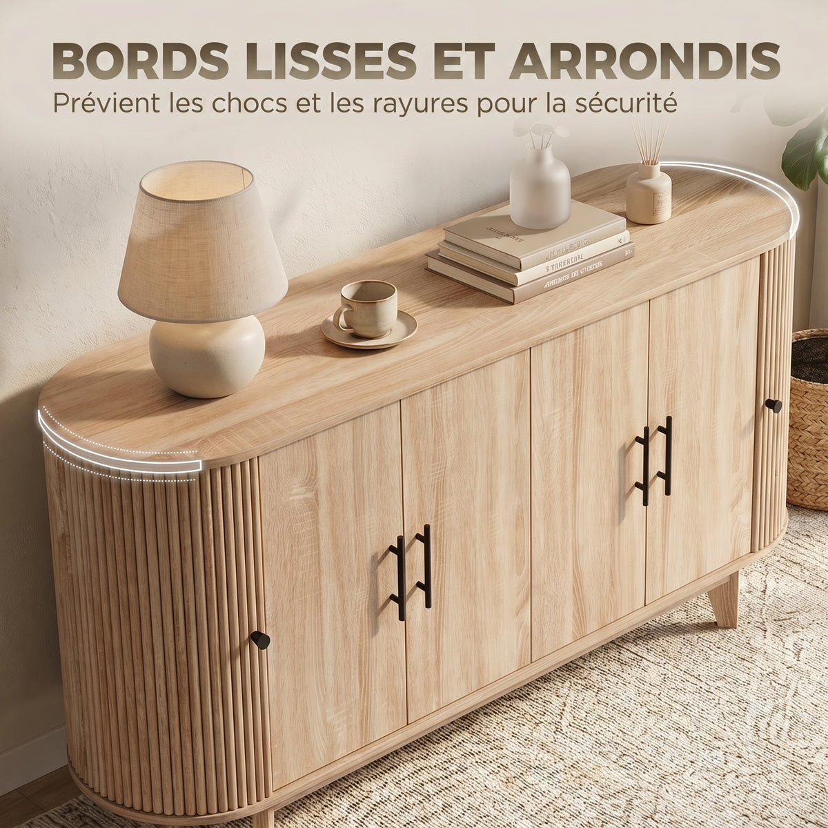 Buffet salon, meuble de rangement ovale avec 6 portes et 2 étagères réglables, 147x40x76cm, chêne-3