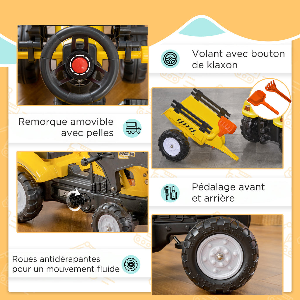 Tracteur à pédales tractopelle avec remorque Pelle et râteau Jeu de Plein air Enfants à partir de 3 Ans Jaune Noir