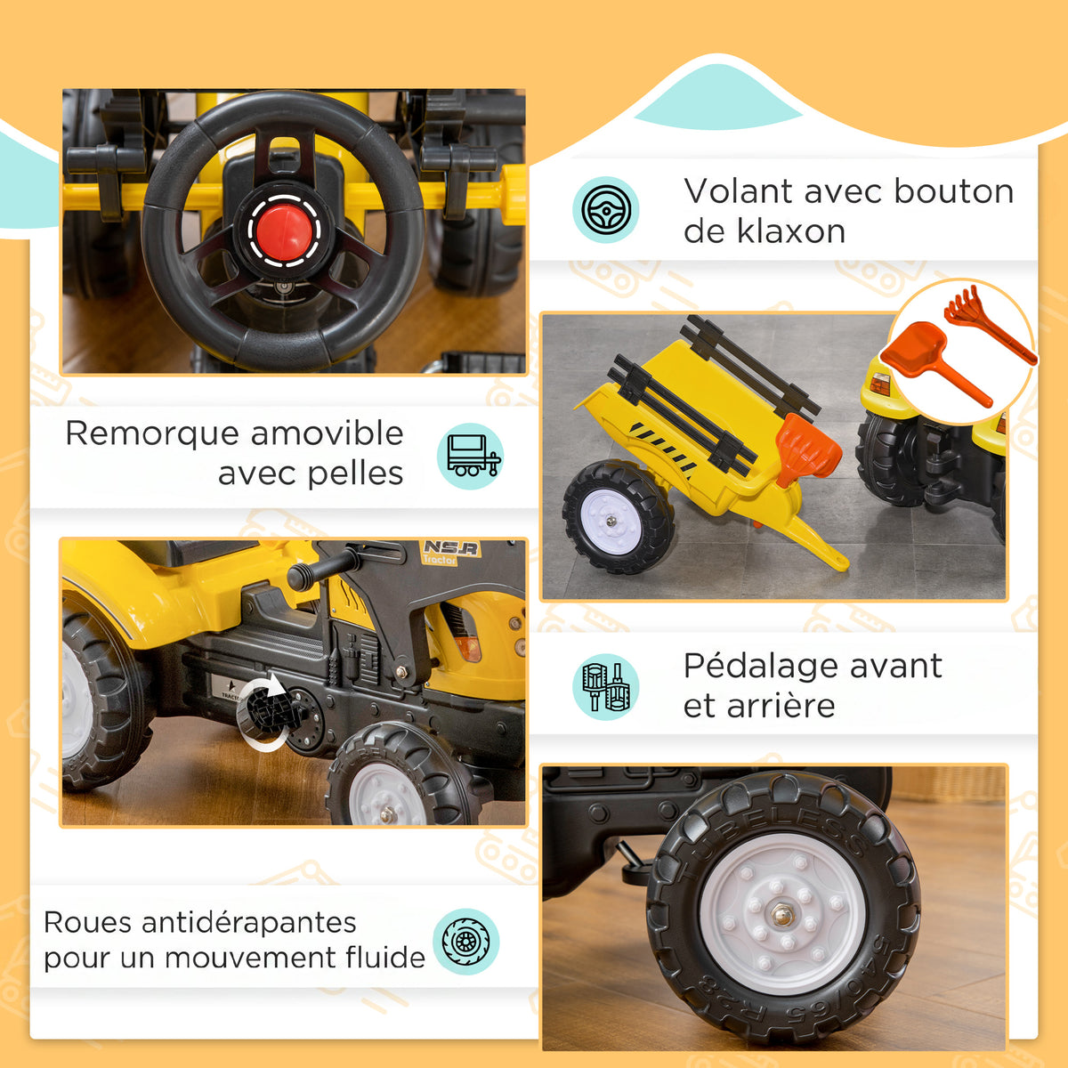 Tracteur à pédales tractopelle avec remorque Pelle et râteau Jeu de Plein air Enfants à partir de 3 Ans Jaune Noir