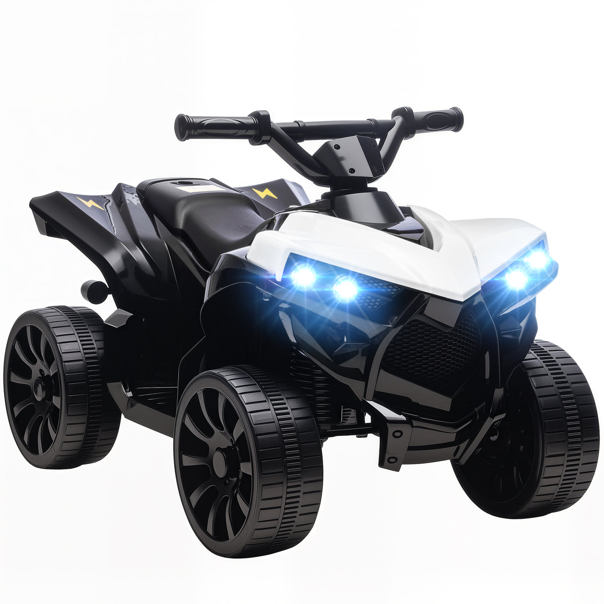 6 V-os elektromos gyerek quad zenével és LED-fényszórókkal, fehér–fekete