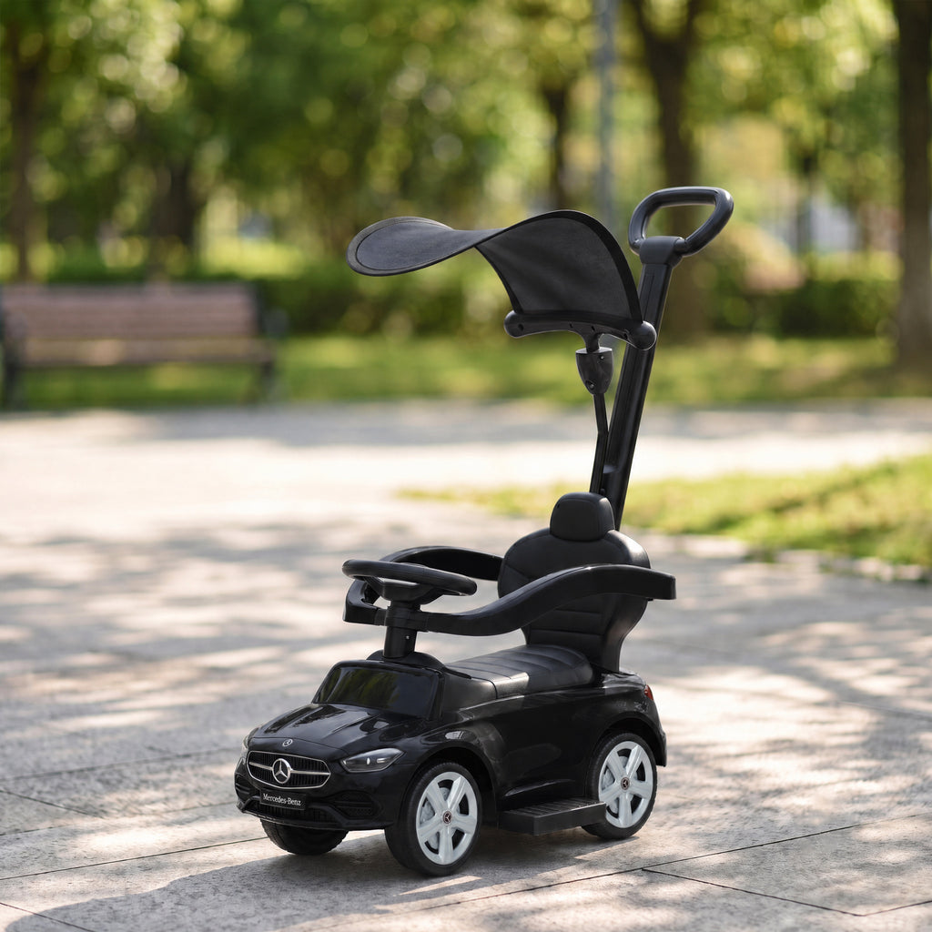 Porteur Enfants 3 en 1 Mercedes-Benz sous Licence, Garde-Corps, Espace de Rangement, Klaxon, 83x40x90cm, Noir