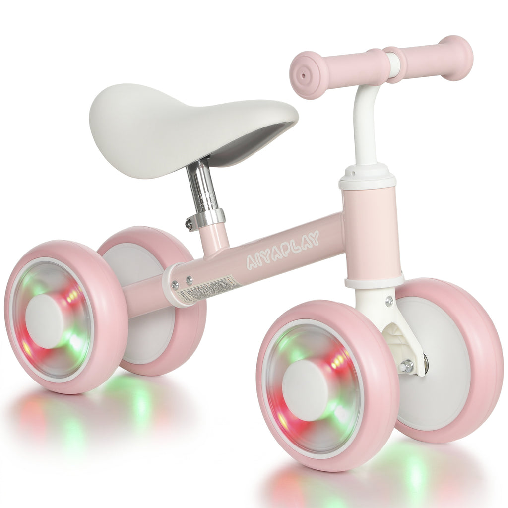 Draisienne Bébé 1-2 Ans, 4 Roues Lumineuses, Siège Réglable, Direction Limitée, Pneus EVA Silencieux, 52x22x37cm, Rose