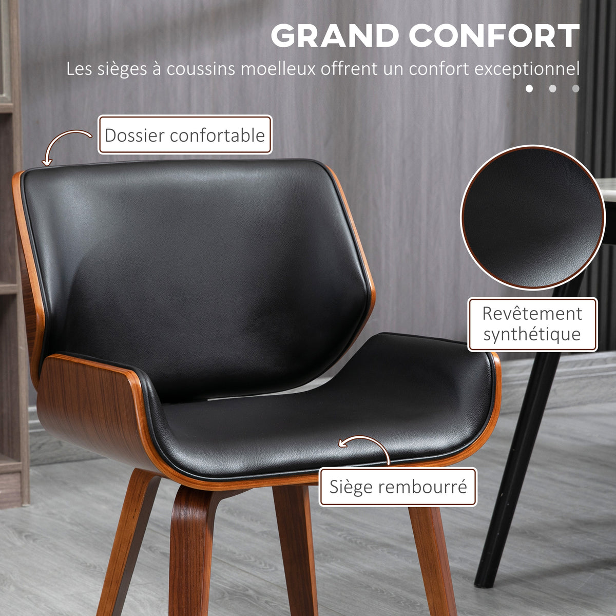 Lot de 2 chaises de salle à manger style vintage assise revêtement synthétique 53l x 54P x 81H cm noir marron-4