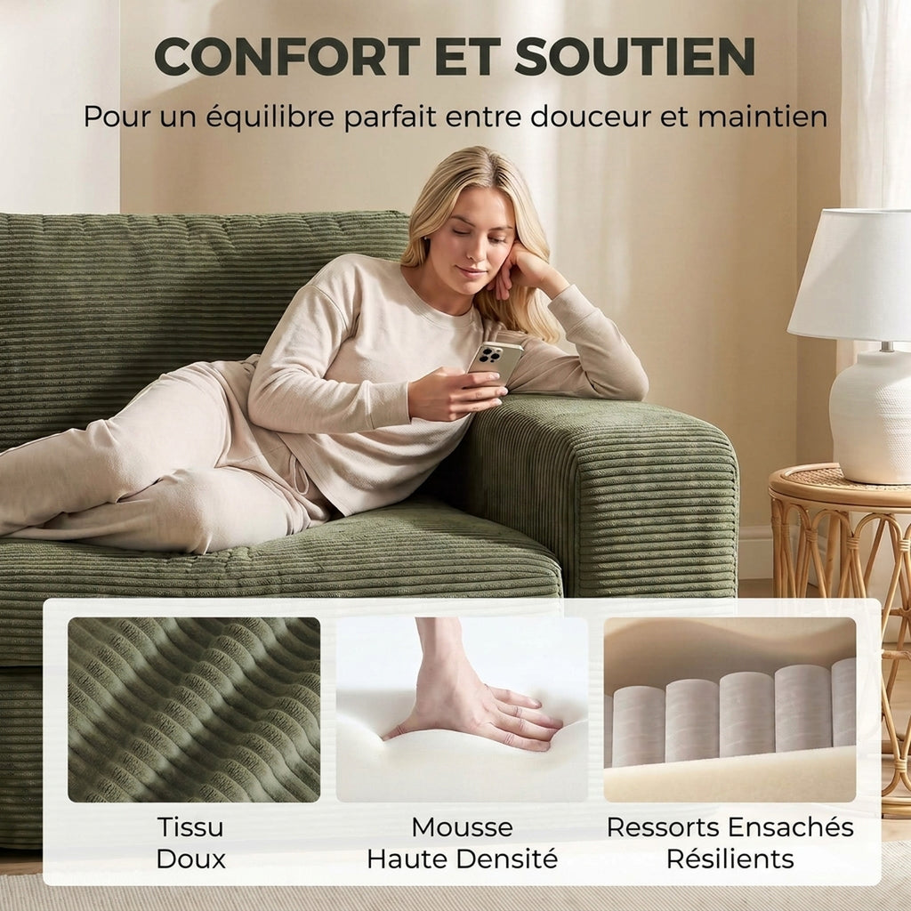 Canapé 3 Places en Velours Côtelé, Canapé de Salon Compressé Moderne 236 cm avec Coussin à Ressorts, Vert