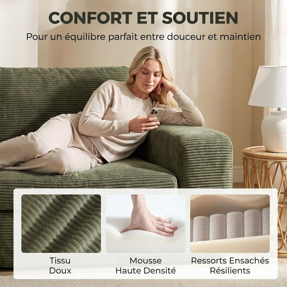 Canapé 3 Places en Velours Côtelé, Canapé de Salon Compressé Moderne 236 cm avec Coussin à Ressorts, Vert