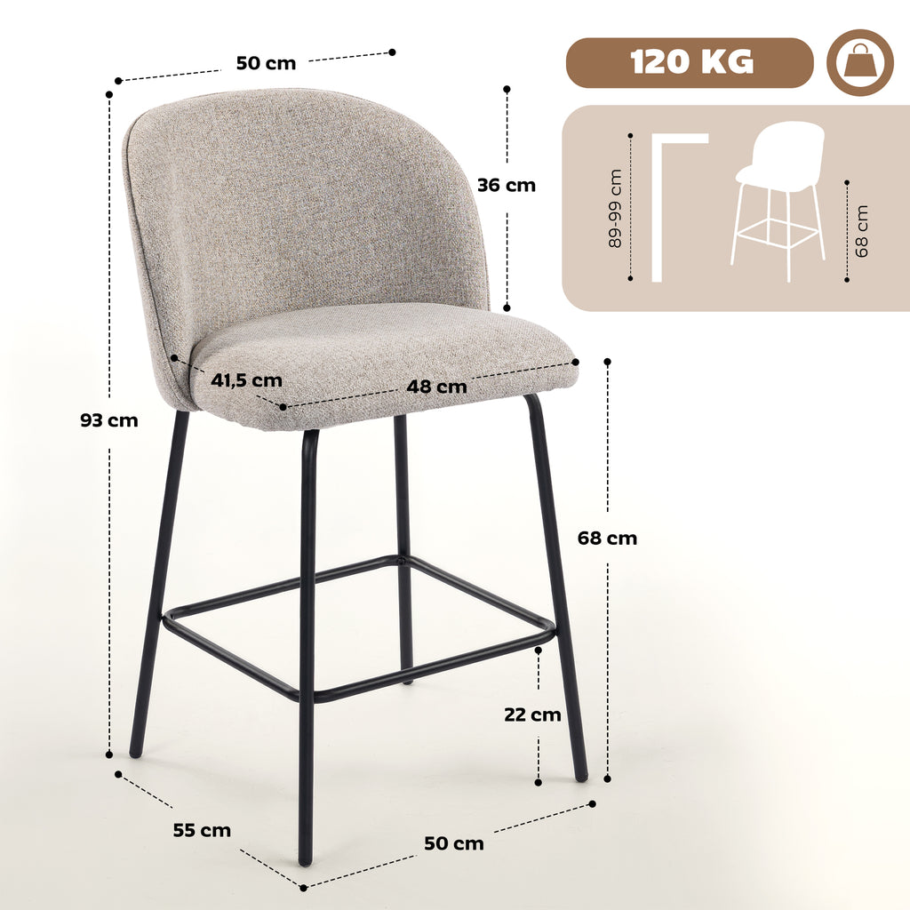 Lot de 2 Tabourets de Bar, Chaises de Bar, Repose-Pieds et Dossier, Tissu Effet Lin, Hauteur d'Assise 68cm, Gris Clair-2