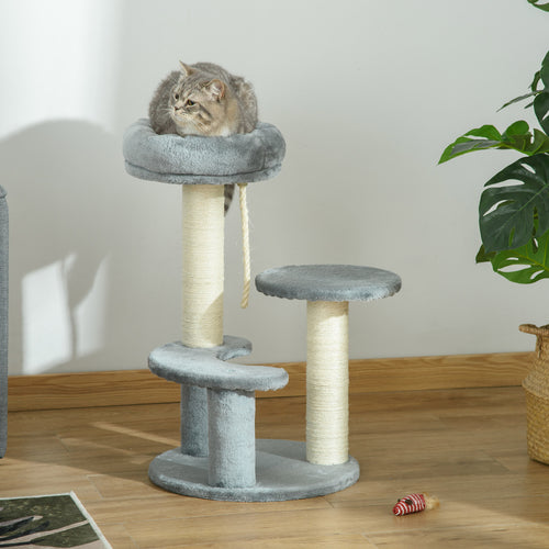 Arbre à chats 2 griffoirs grattoirs sisal naturel 3 plateformes corde à grimper dim. Ø 40 x 65H cm peluche haute densité 500 g/m² gris-1