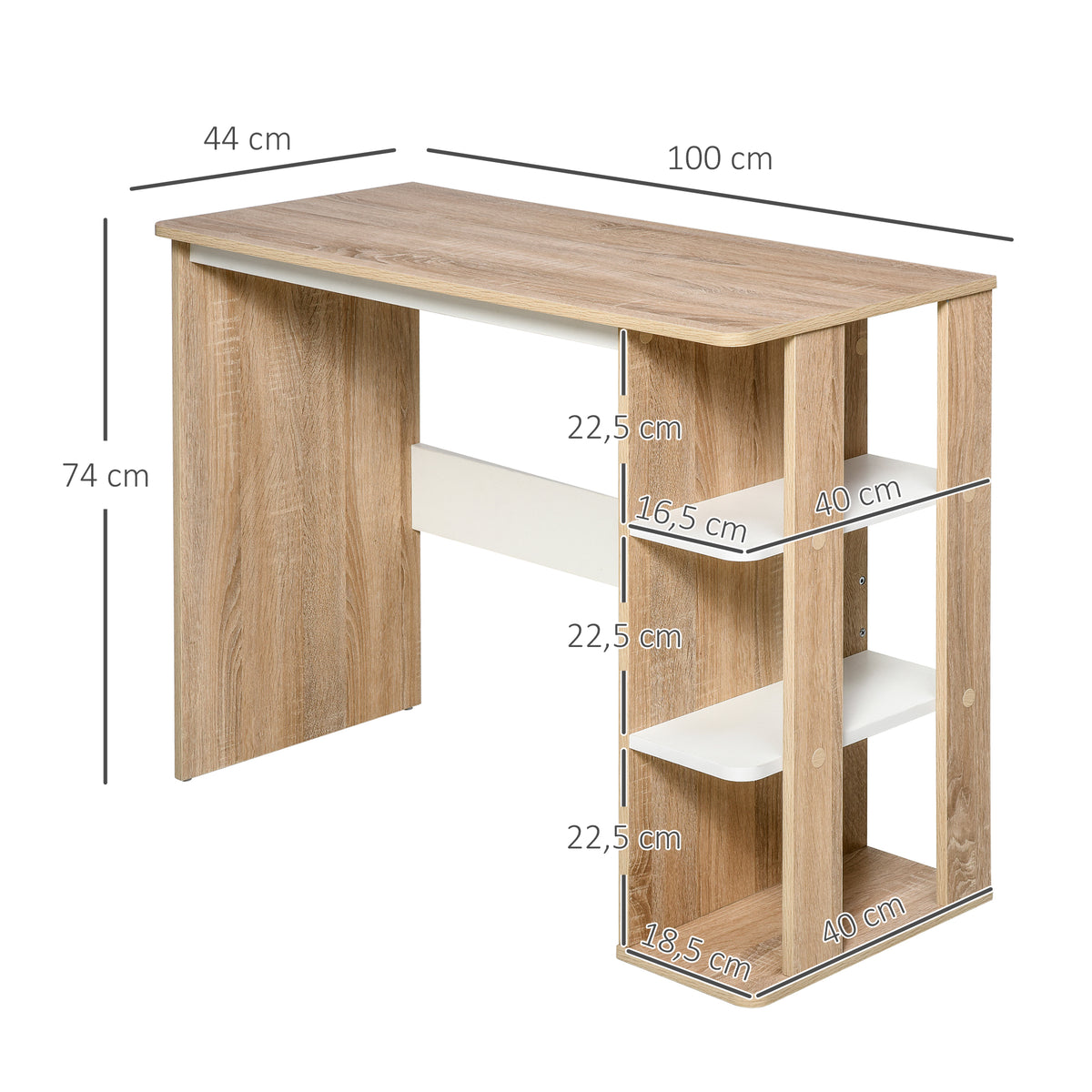 Bureau Informatique Table d'ordinateur 100L x 44l x 74H cm 3 étagères latérales en Bois Couleur chêne Clair Blanc-2