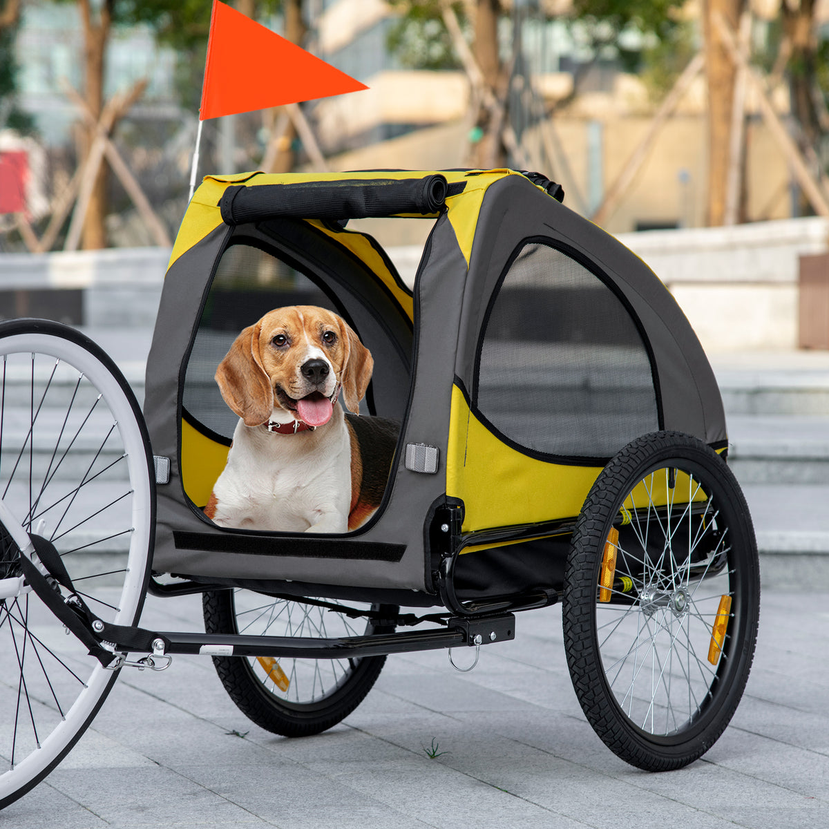 Remorque de vélo pour chien avec fenêtres en maille réflecteurs et drapeau de sécurité 140 x 71 x 83 cm jaune