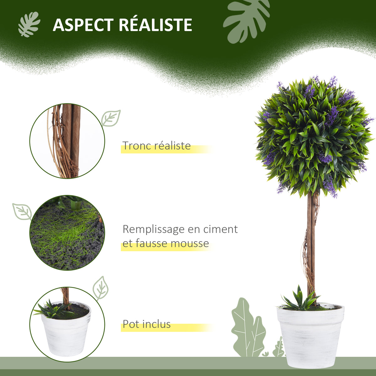 Lot de 2 plantes Artificielles avec fleurs de lavande, tronc et pot inclus - hauteur 60 cm vert-3