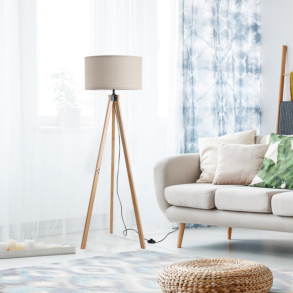 Lampadaire trépied style scandinave 40 W max. dim. 45L x 45l x 152H cm bois de pin lin beige-9