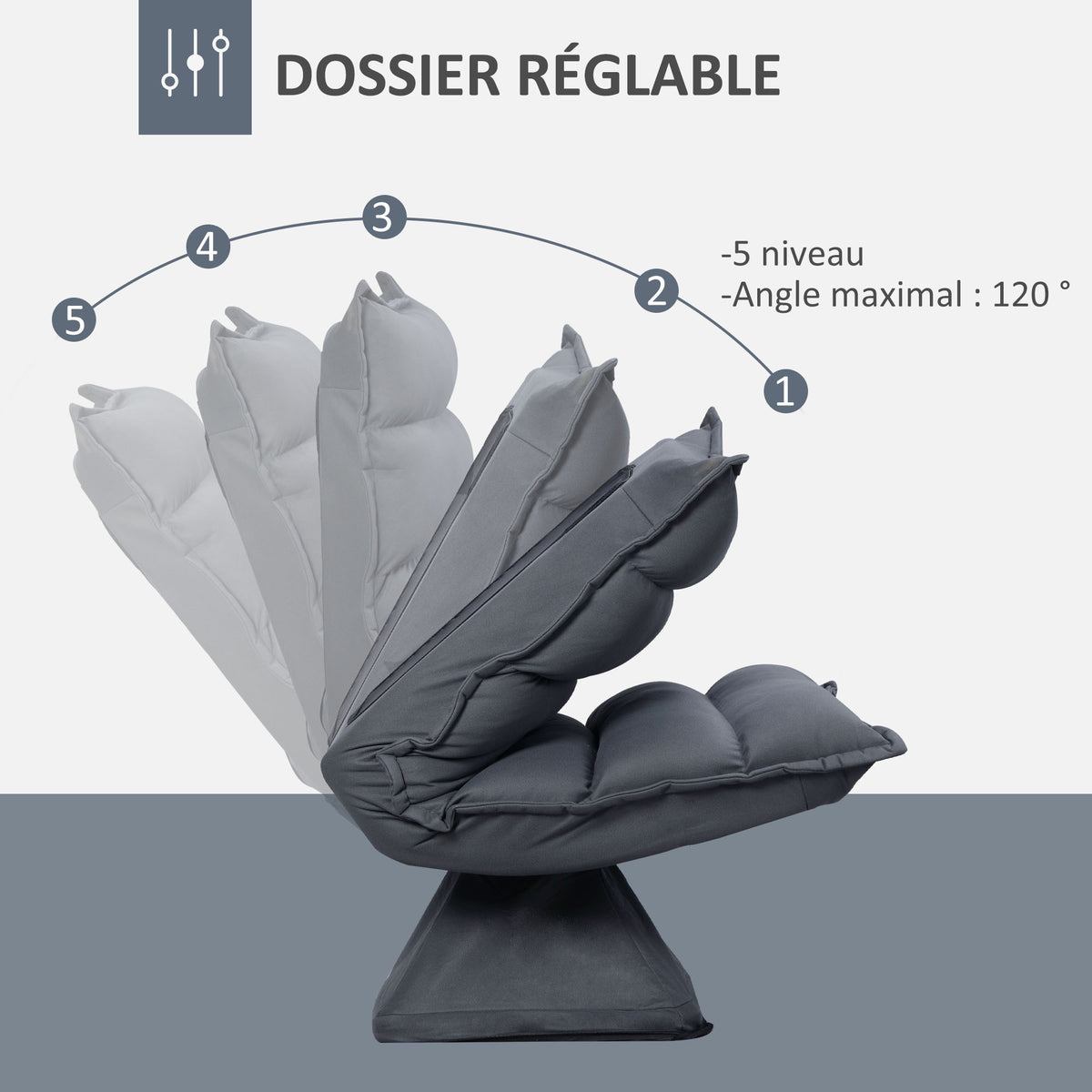 Fauteuil de sol paresseux pivotant 360° avec dossier inclinable design capitonné 62 x 62 x 95 cm gris foncé-3