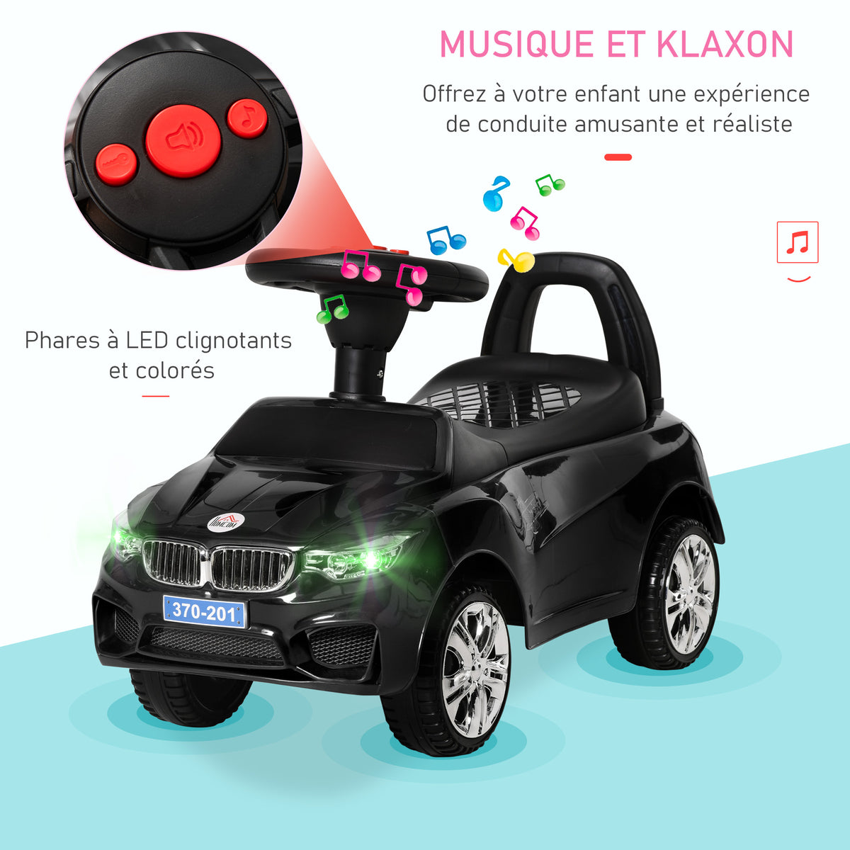 Porteur enfants voiture, véhicule à pousser avec coffre à jouets, klaxon, phares et musique, 63,5 x 28 x 36 cm, noir-3