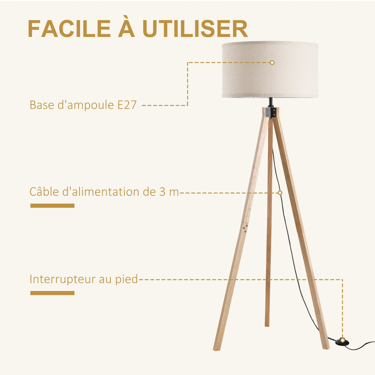 Lampadaire trépied style scandinave 40 W max. dim. 45L x 45l x 152H cm bois de pin lin beige-5