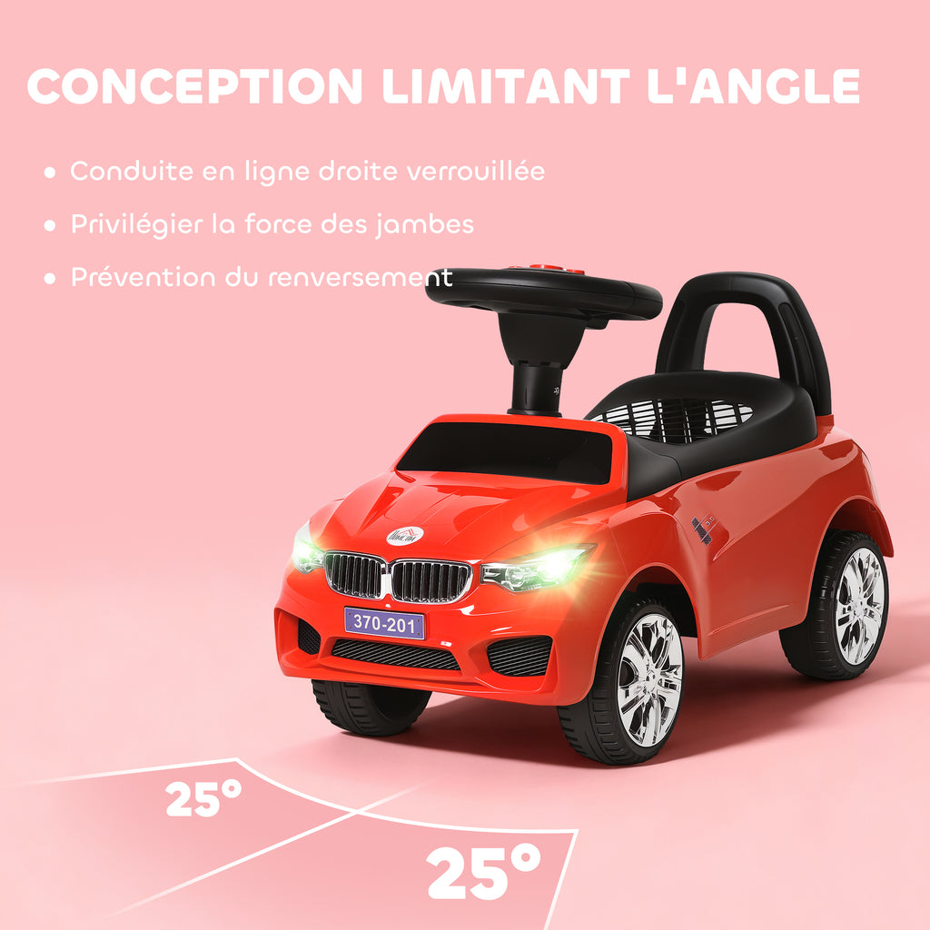 Porteur enfants voiture, véhicule à pousser avec coffre à jouets, klaxon, phares et musique, 63,5 x 28 x 36 cm, rouge