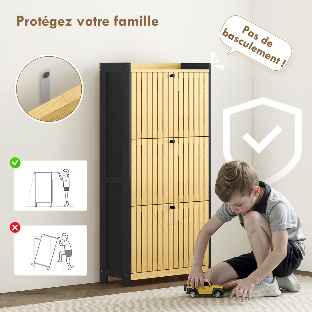 Meuble à chaussures 18 paires avec 3 tiroirs rabattables, portes en bambou à lattes, 60x24x118cm, noir et bois naturel-6