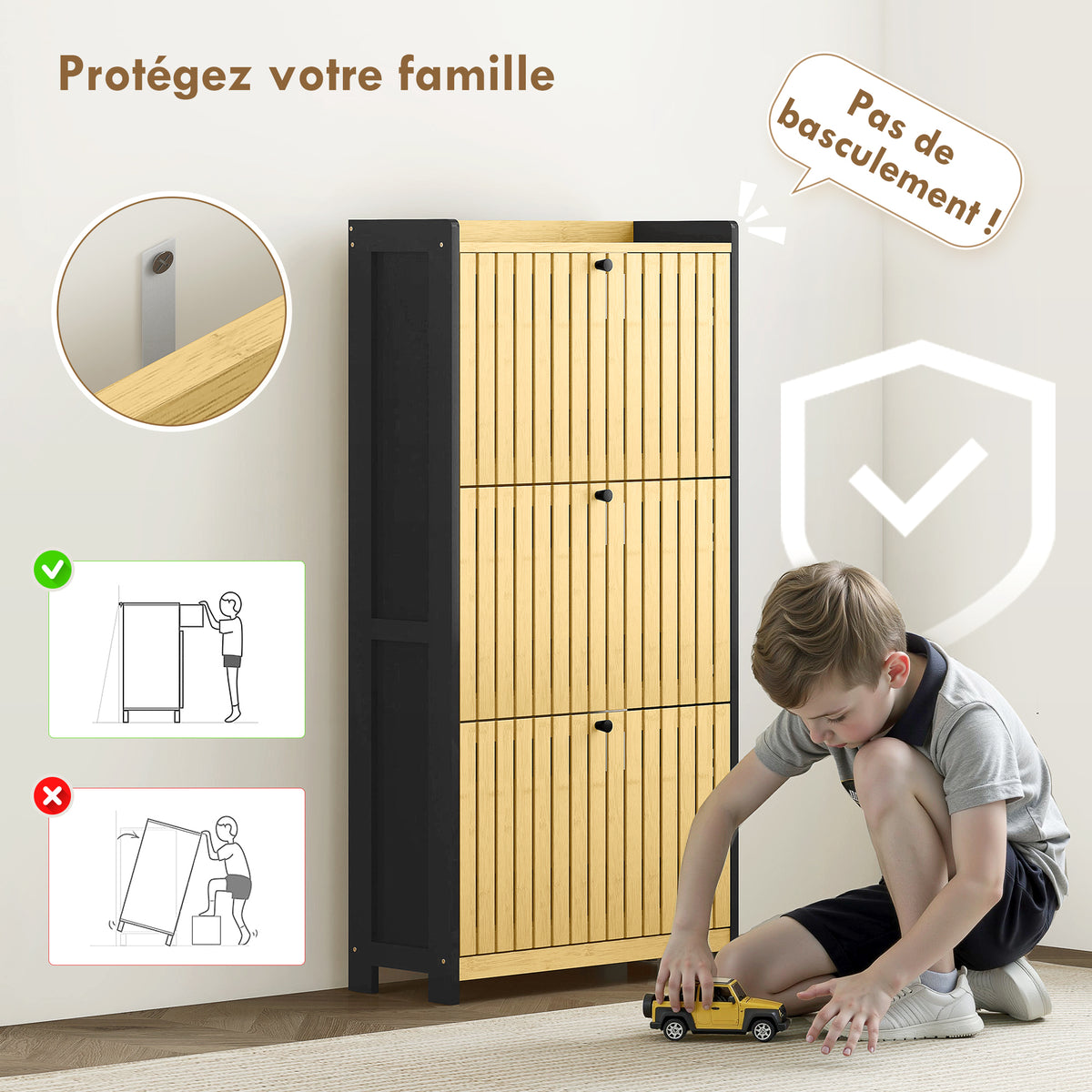 Meuble à chaussures 18 paires avec 3 tiroirs rabattables, portes en bambou à lattes, 60x24x118cm, noir et bois naturel-6