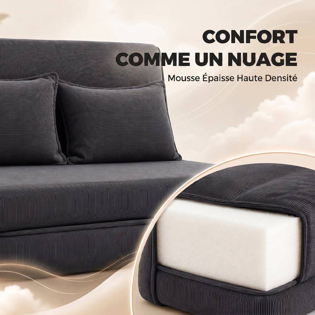 Canapé-Lit Pliant, Chauffeuse 2 Places Convertible Velours Côtelé, Dossier Réglable, Assise Large, 2 Oreillers, Gris-5